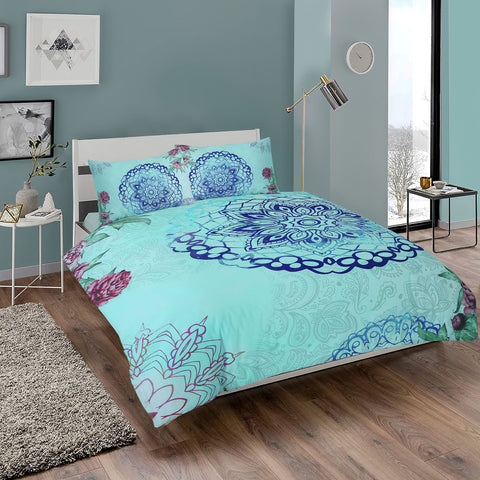 Cyan Mandala Floral Duvet Cover Set