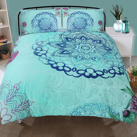 Cyan Mandala Floral Duvet Cover Set