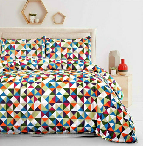 Diamond Geometric Multicoloured 100% Cotton Eyelet Curtain Pair