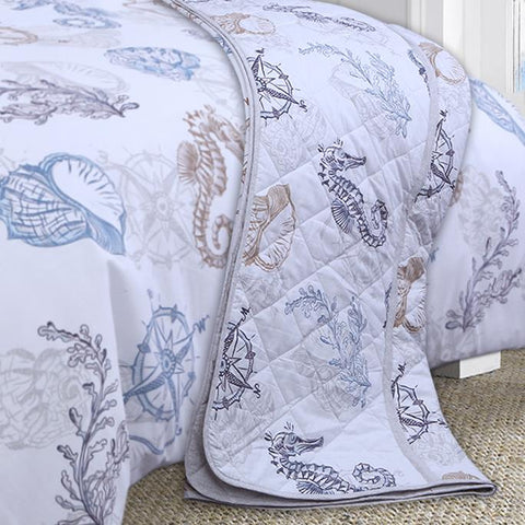 Seafarer Nautical Seashells Compass Quilted Bedspread