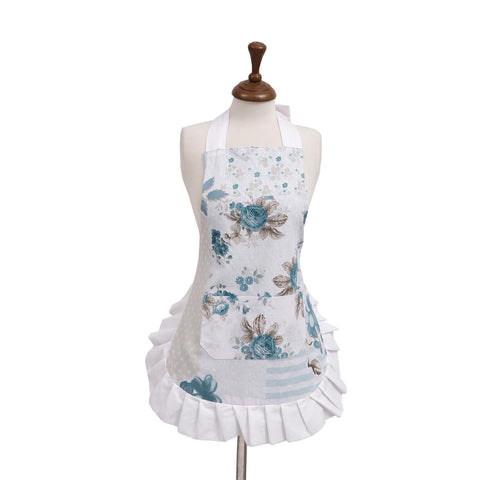 Rose Floral Blue 100% Cotton Ladies 1 Pack Frill Bib Apron