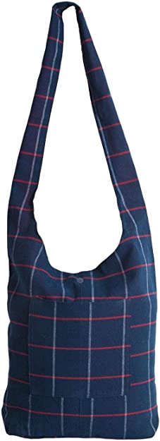 Royal Blue Checked 100% Cotton Women Crossbody Shoulder Bag