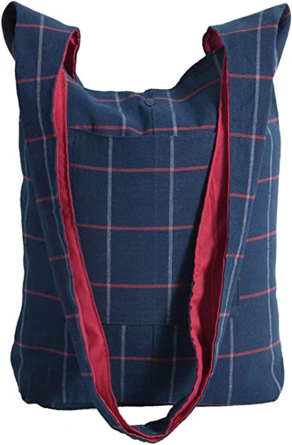 Royal Blue Checked 100% Cotton Women Crossbody Shoulder Bag