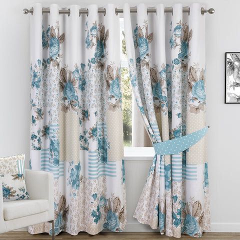 Rose Floral Blue Eyelet Curtains Set