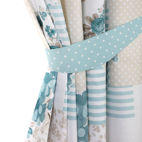 Rose Floral Blue Eyelet Curtains Set