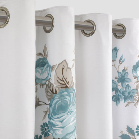 Rose Floral Blue Eyelet Curtains Set