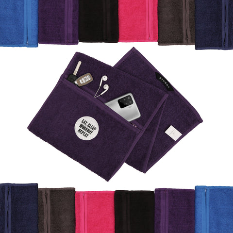 Egyptian Cotton 600GSM Embroidered Slogan Pocket Zip Purple Gym Towel