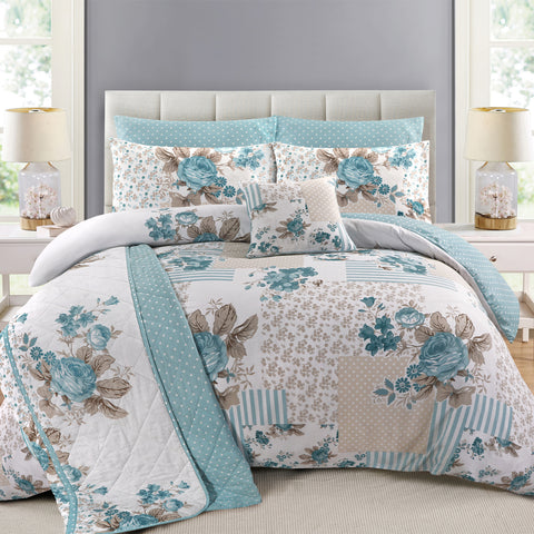 Rose Floral Blue Quilted Bedspread