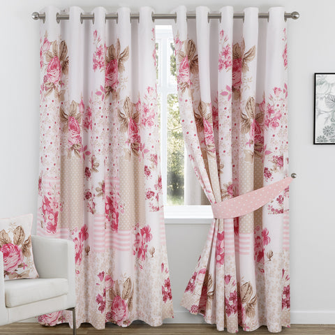 Rose Floral Pink Eyelet Curtains Set