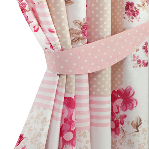 Rose Floral Pink Eyelet Curtains Set